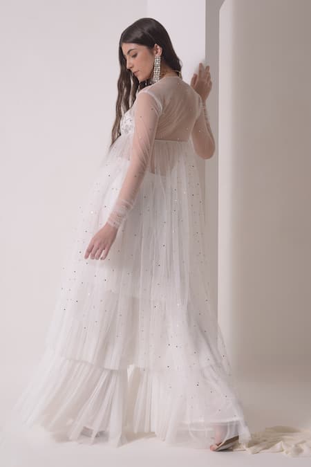 Buy_Shwetanga_White Organza, Tulle Mukaish Embellished Sheer Jacket With Layered Sharara 