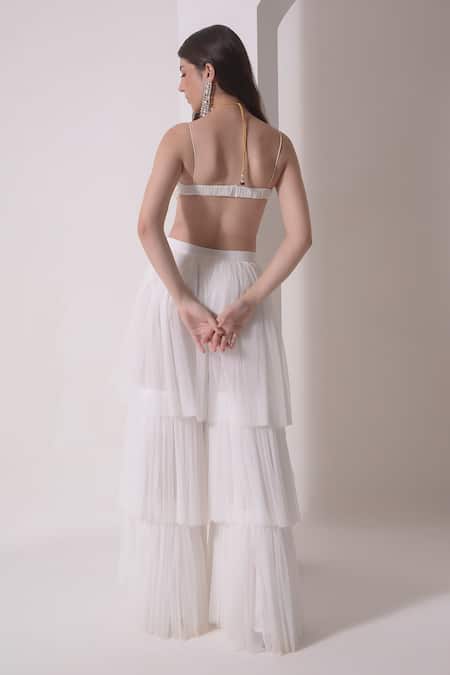 Shop Shwetanga White Organza, Crepe, Muslin Pearls, Embroidery Embellished Bustier Sharara Set at Aza Fashions Shop_Shwetanga_White Organza, Crepe, Muslin Pearls, Embroidery Embellished Bustier Sharara Set _at_Aza_Fashions