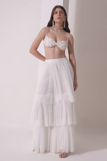 Shwetanga White Organza, Crepe, Muslin Pearls, Embroidery Embellished Bustier Sharara Set Online at Aza Fashions Shwetanga_White Organza, Crepe, Muslin Pearls, Embroidery Embellished Bustier Sharara Set _Online_at_Aza_Fashions