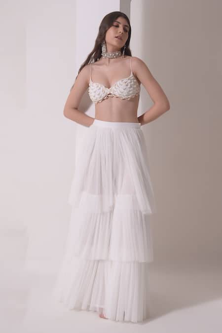 Buy Shwetanga White Organza, Crepe, Muslin Pearls, Embroidery Embellished Bustier Sharara Set Online at Aza Fashions Buy_Shwetanga_White Organza, Crepe, Muslin Pearls, Embroidery Embellished Bustier Sharara Set _Online_at_Aza_Fashions
