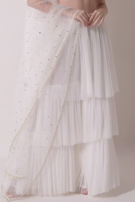 Shwetanga White Organza, Crepe, Muslin Pearls, Embroidery Embellished Bustier Sharara Set at Aza Fashions Shwetanga_White Organza, Crepe, Muslin Pearls, Embroidery Embellished Bustier Sharara Set _at_Aza_Fashions