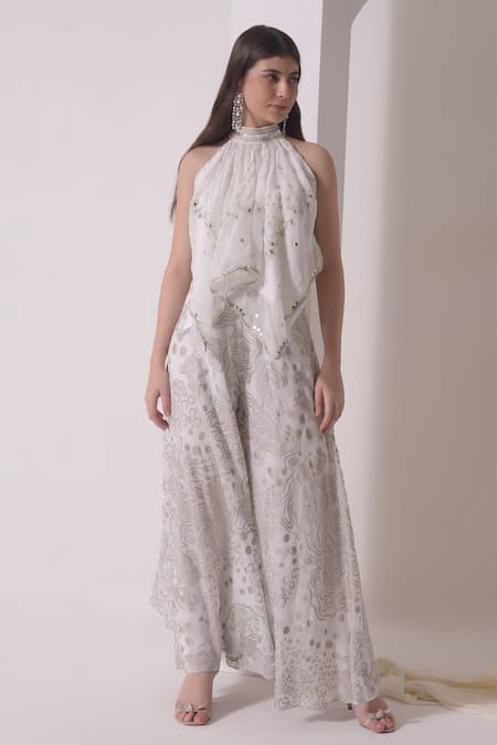 Shwetanga_White Organza Gota Patti Halter Neck Work Top With Flared Pant _Online_at_Aza_Fashions