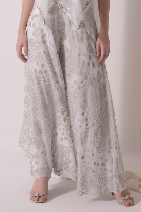 Buy_Shwetanga_White Organza Gota Patti Halter Neck Work Top With Flared Pant _Online_at_Aza_Fashions