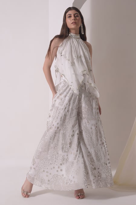 Shop_Shwetanga_White Organza Gota Patti Halter Neck Work Top With Flared Pant _Online_at_Aza_Fashions