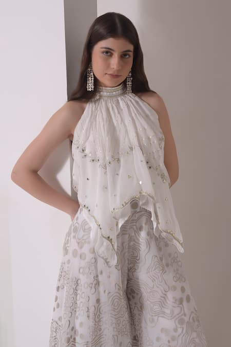 Shwetanga_White Organza Gota Patti Halter Neck Work Top With Flared Pant _at_Aza_Fashions