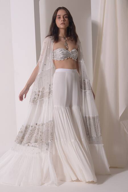 Shop Shwetanga White Organza, Crepe, Muslin Sequins, Foil Printing Layered Jacket Sharara Set Online at Aza Fashions Shop_Shwetanga_White Organza, Crepe, Muslin Sequins, Foil Printing Layered Jacket Sharara Set _Online_at_Aza_Fashions