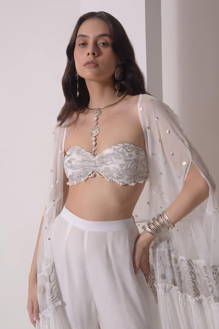 Shwetanga White Organza, Crepe, Muslin Sequins, Foil Printing Layered Jacket Sharara Set at Aza Fashions Shwetanga_White Organza, Crepe, Muslin Sequins, Foil Printing Layered Jacket Sharara Set _at_Aza_Fashions