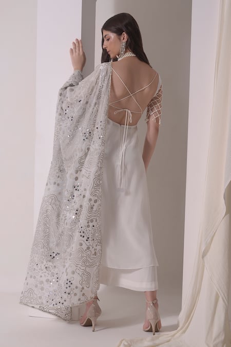 Shwetanga White Crepe, Organza Pearls Round Neck Corded Jaal Kurta Pant Set Online at Aza Fashions Shwetanga_White Crepe, Organza Pearls Round Neck Corded Jaal Kurta Pant Set _Online_at_Aza_Fashions