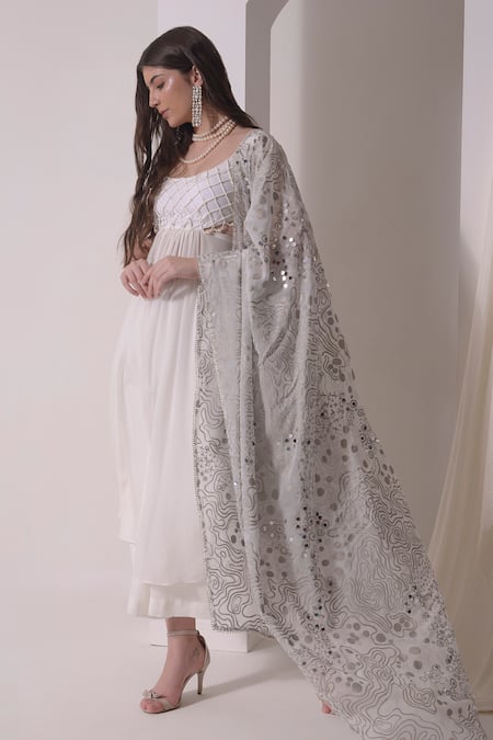 Shop Shwetanga White Crepe, Organza Pearls Round Neck Corded Jaal Kurta Pant Set Online at Aza Fashions Shop_Shwetanga_White Crepe, Organza Pearls Round Neck Corded Jaal Kurta Pant Set _Online_at_Aza_Fashions