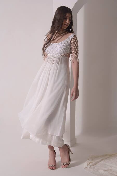 Shwetanga White Crepe, Organza Pearls Round Neck Corded Jaal Kurta Pant Set at Aza Fashions Shwetanga_White Crepe, Organza Pearls Round Neck Corded Jaal Kurta Pant Set _at_Aza_Fashions