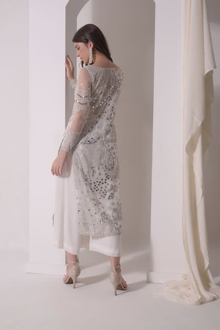 Shwetanga White Organza, Crepe Sequins Boat Neck Foil Print Embellished Kurta Pant Set Online at Aza Fashions Shwetanga_White Organza, Crepe Sequins Boat Neck Foil Print Embellished Kurta Pant Set _Online_at_Aza_Fashions