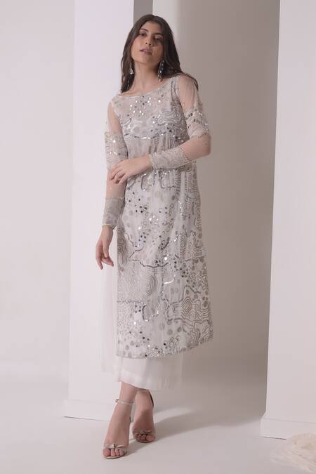 Buy Shwetanga White Organza, Crepe Sequins Boat Neck Foil Print Embellished Kurta Pant Set Online at Aza Fashions Buy_Shwetanga_White Organza, Crepe Sequins Boat Neck Foil Print Embellished Kurta Pant Set _Online_at_Aza_Fashions