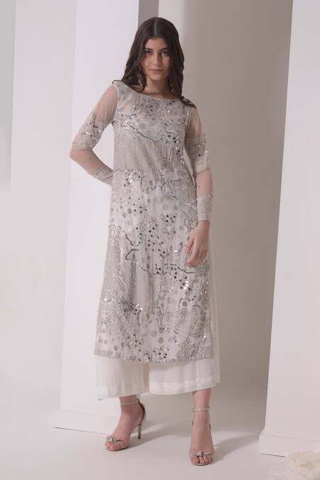 Shop Shwetanga White Organza, Crepe Sequins Boat Neck Foil Print Embellished Kurta Pant Set Online at Aza Fashions Shop_Shwetanga_White Organza, Crepe Sequins Boat Neck Foil Print Embellished Kurta Pant Set _Online_at_Aza_Fashions