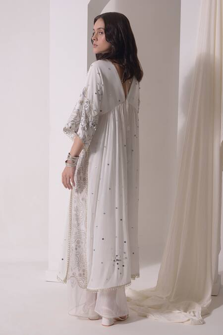Shwetanga White Crepe Sequins, Foil Printing V-neck Embellished Ruched Kurta With Pant Online at Aza Fashions Shwetanga_White Crepe Sequins, Foil Printing V-neck Embellished Ruched Kurta With Pant _Online_at_Aza_Fashions