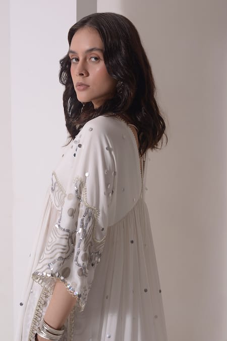Buy Shwetanga White Crepe Sequins, Foil Printing V-neck Embellished Ruched Kurta With Pant Online at Aza Fashions Buy_Shwetanga_White Crepe Sequins, Foil Printing V-neck Embellished Ruched Kurta With Pant _Online_at_Aza_Fashions