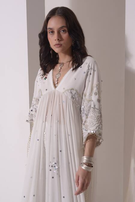 Shop Shwetanga White Crepe Sequins, Foil Printing V-neck Embellished Ruched Kurta With Pant Online at Aza Fashions Shop_Shwetanga_White Crepe Sequins, Foil Printing V-neck Embellished Ruched Kurta With Pant _Online_at_Aza_Fashions