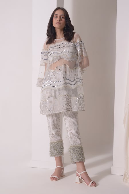 Shwetanga White Crepe Embellished Sequin Round Wave Patch Work Kurta With Pant 