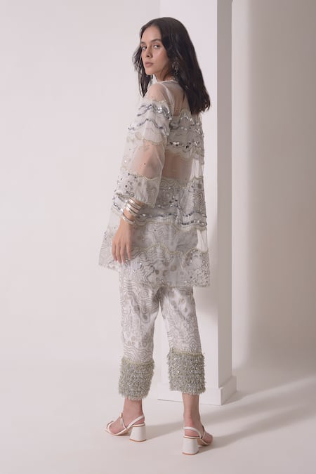 Shwetanga White Organza, Crepe Sequins, Foil Printing, Wave Patch Work Kurta With Pant Online at Aza Fashions Shwetanga_White Organza, Crepe Sequins, Foil Printing, Wave Patch Work Kurta With Pant _Online_at_Aza_Fashions