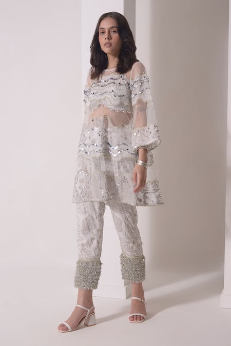 Buy Shwetanga White Organza, Crepe Sequins, Foil Printing, Wave Patch Work Kurta With Pant Online at Aza Fashions Buy_Shwetanga_White Organza, Crepe Sequins, Foil Printing, Wave Patch Work Kurta With Pant _Online_at_Aza_Fashions