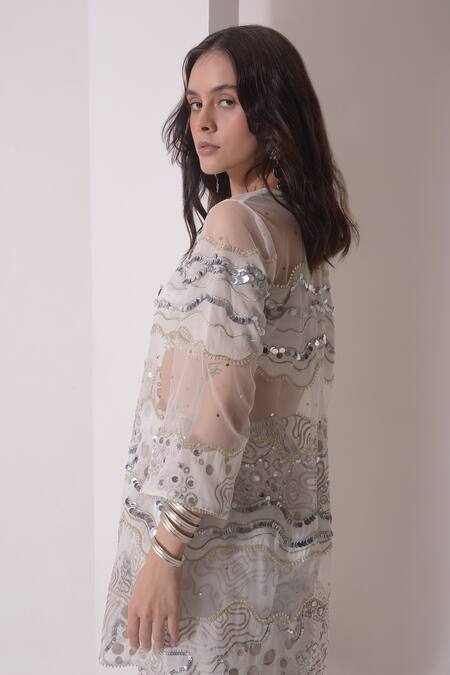 Shop Shwetanga White Organza, Crepe Sequins, Foil Printing, Wave Patch Work Kurta With Pant Online at Aza Fashions Shop_Shwetanga_White Organza, Crepe Sequins, Foil Printing, Wave Patch Work Kurta With Pant _Online_at_Aza_Fashions