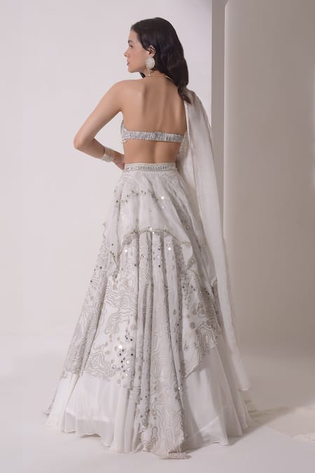 Shwetanga White Organza, Crepe Sequins, Embellished Asymmetric Layered Lehenga Bustier Set Online at Aza Fashions Shwetanga_White Organza, Crepe Sequins, Embellished Asymmetric Layered Lehenga Bustier Set _Online_at_Aza_Fashions