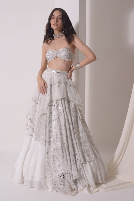 Buy Shwetanga White Organza, Crepe Sequins, Embellished Asymmetric Layered Lehenga Bustier Set Online at Aza Fashions Buy_Shwetanga_White Organza, Crepe Sequins, Embellished Asymmetric Layered Lehenga Bustier Set _Online_at_Aza_Fashions