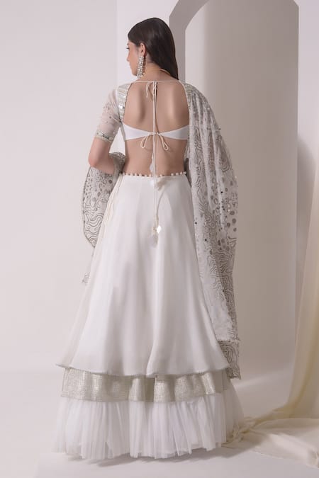 Shwetanga White Organza, Crepe Sequins, Gota Patti Round Embellished Tiered Lehenga Set Online at Aza Fashions Shwetanga_White Organza, Crepe Sequins, Gota Patti Round Embellished Tiered Lehenga Set _Online_at_Aza_Fashions