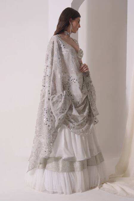 Shop Shwetanga White Organza, Crepe Sequins, Gota Patti Round Embellished Tiered Lehenga Set Online at Aza Fashions Shop_Shwetanga_White Organza, Crepe Sequins, Gota Patti Round Embellished Tiered Lehenga Set _Online_at_Aza_Fashions