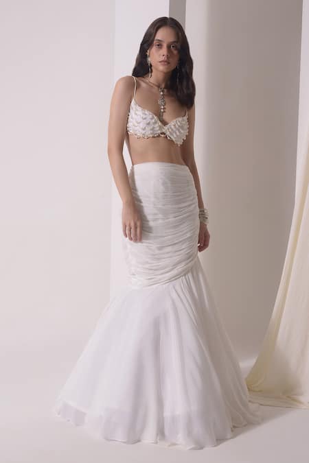 Buy Shwetanga White Tulle, Crepe Pearls Sweetheart Neck Layered Cape Mermaid Lehenga Set Online at Aza Fashions Buy_Shwetanga_White Tulle, Crepe Pearls Sweetheart Neck Layered Cape Mermaid Lehenga Set _Online_at_Aza_Fashions