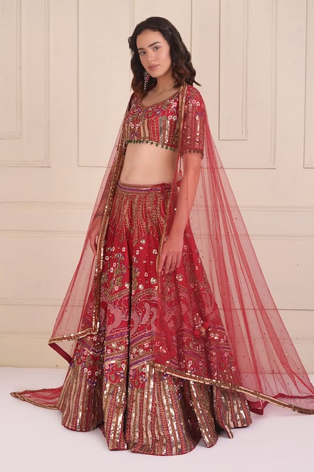 Shwetanga_Red Silk, Tulle Sequins, Beads Petunia Bloom Embroidered Bridal Lehenga Set _Online_at_Aza_Fashions