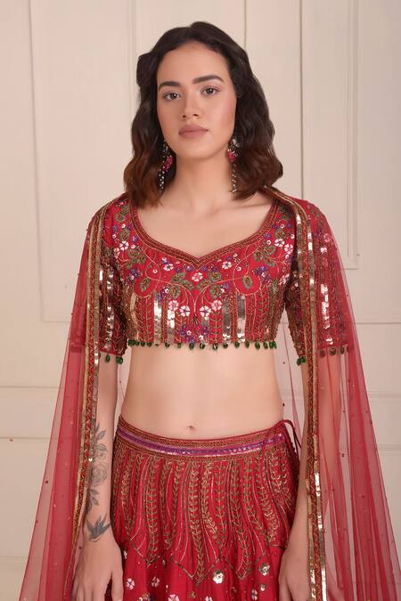 Buy_Shwetanga_Red Silk, Tulle Sequins, Beads Petunia Bloom Embroidered Bridal Lehenga Set _Online_at_Aza_Fashions