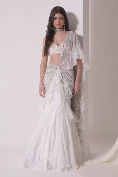 Buy_Shwetanga_White Organza, Crepe Sequins, Foil Print Pre-draped Ruffle Saree With Bustier _Online_at_Aza_Fashions