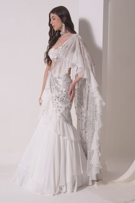 Shop_Shwetanga_White Organza, Crepe Sequins, Foil Print Pre-draped Ruffle Saree With Bustier _Online_at_Aza_Fashions