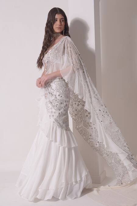 Shwetanga_White Organza, Crepe Sequins, Foil Print Pre-draped Ruffle Saree With Bustier _at_Aza_Fashions