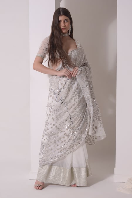 Shwetanga White Organza Print Foil Queen Anne Sequin Wave Embellished Saree With Blouse