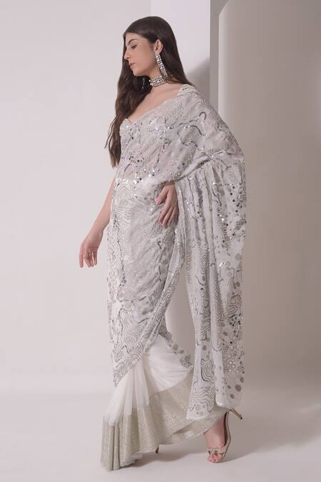 Buy_Shwetanga_White Organza Sequins, Foil Printing Wave Embellished Saree With Blouse _Online_at_Aza_Fashions
