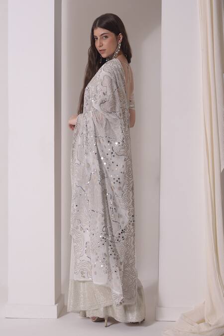 Shop_Shwetanga_White Organza Sequins, Foil Printing Wave Embellished Saree With Blouse _Online_at_Aza_Fashions