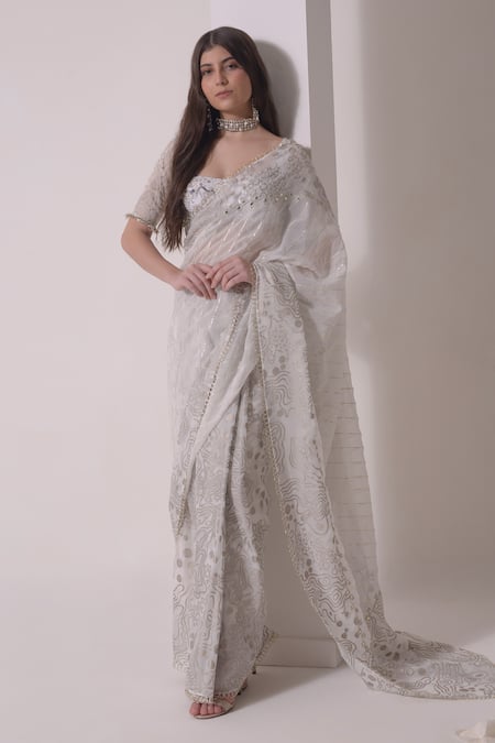 Shwetanga White Organza Print Foil Sweetheart Neck Gota Embellished Saree With Blouse