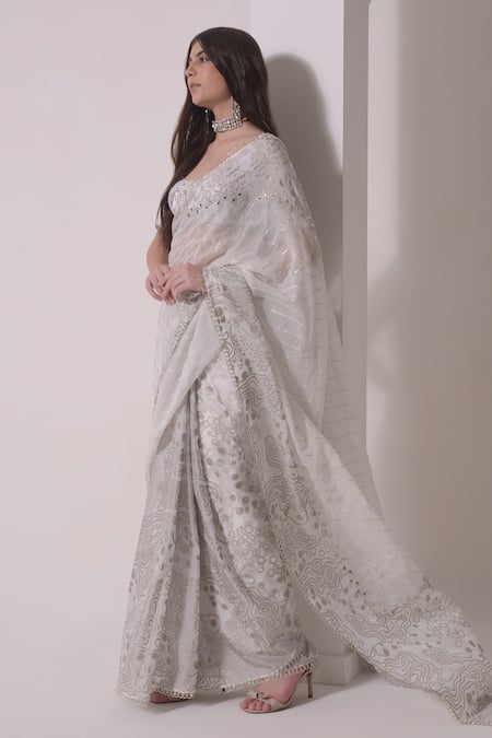 Shwetanga White Organza Sequins, Foil Printing, Lace Gota Embellished Saree With Blouse Online at Aza Fashions Shwetanga_White Organza Sequins, Foil Printing, Lace Gota Embellished Saree With Blouse _Online_at_Aza_Fashions