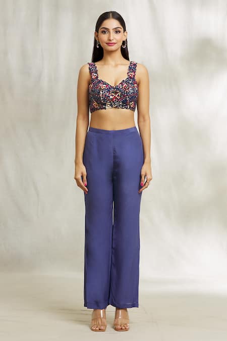 Divya Kanakia_Blue Net, Satin Sequins Sweetheart Neck Floral Print Cape Pant Set _Online_at_Aza_Fashions