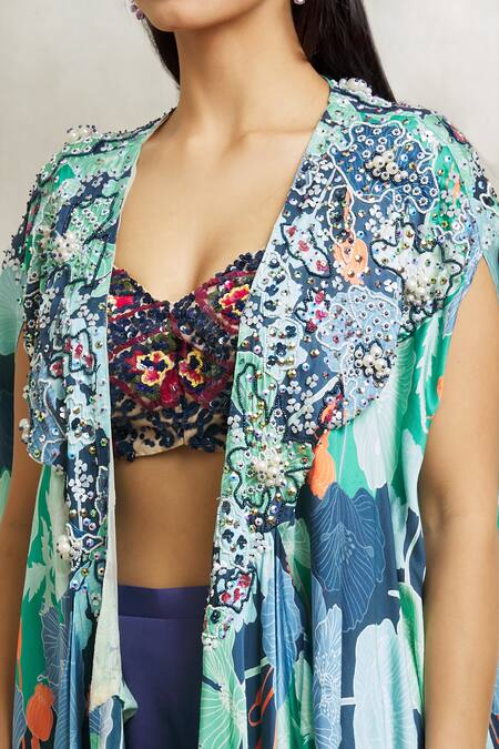 Shop_Divya Kanakia_Blue Net, Satin Sequins Sweetheart Neck Floral Print Cape Pant Set _Online_at_Aza_Fashions