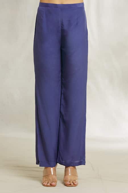 Divya Kanakia_Blue Net, Satin Sequins Sweetheart Neck Floral Print Cape Pant Set _at_Aza_Fashions