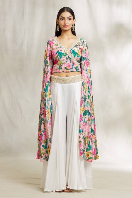 Divya Kanakia_Pink Crepe Pearls, Rhinestones, Zari V-neck Floral Print Top And Sharara Set _Online_at_Aza_Fashions