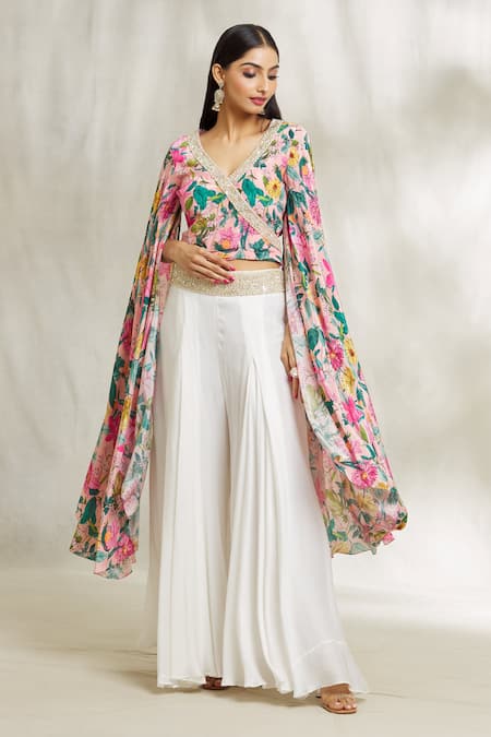 Shop_Divya Kanakia_Pink Crepe Pearls, Rhinestones, Zari V-neck Floral Print Top And Sharara Set _Online_at_Aza_Fashions