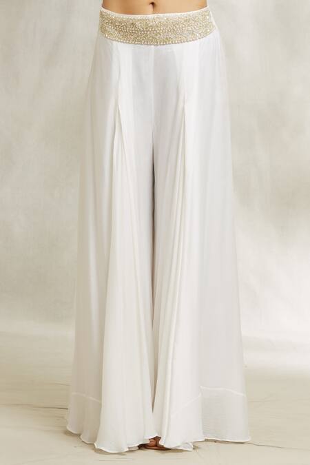 Divya Kanakia_Pink Crepe Pearls, Rhinestones, Zari V-neck Floral Print Top And Sharara Set _at_Aza_Fashions