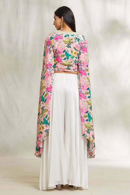 Shop_Divya Kanakia_Pink Crepe Pearls, Rhinestones, Zari V-neck Floral Print Top And Sharara Set _at_Aza_Fashions