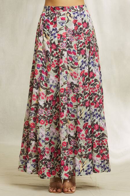 Divya Kanakia Green Cotton Satin Pearls, Beads Asymmetric Floral Print Lehenga And Blouse Set Online at Aza Fashions Divya Kanakia_Green Cotton Satin Pearls, Beads Asymmetric Floral Print Lehenga And Blouse Set _Online_at_Aza_Fashions