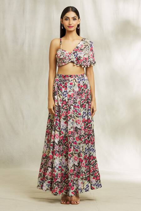 Buy Divya Kanakia Green Cotton Satin Pearls, Beads Asymmetric Floral Print Lehenga And Blouse Set Online at Aza Fashions Buy_Divya Kanakia_Green Cotton Satin Pearls, Beads Asymmetric Floral Print Lehenga And Blouse Set _Online_at_Aza_Fashions