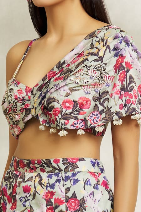 Shop Divya Kanakia Green Cotton Satin Pearls, Beads Asymmetric Floral Print Lehenga And Blouse Set Online at Aza Fashions Shop_Divya Kanakia_Green Cotton Satin Pearls, Beads Asymmetric Floral Print Lehenga And Blouse Set _Online_at_Aza_Fashions