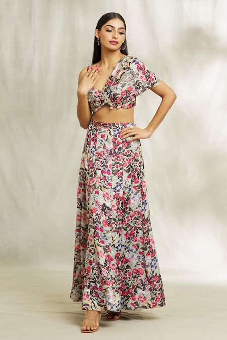 Divya Kanakia Green Cotton Satin Pearls, Beads Asymmetric Floral Print Lehenga And Blouse Set at Aza Fashions Divya Kanakia_Green Cotton Satin Pearls, Beads Asymmetric Floral Print Lehenga And Blouse Set _at_Aza_Fashions